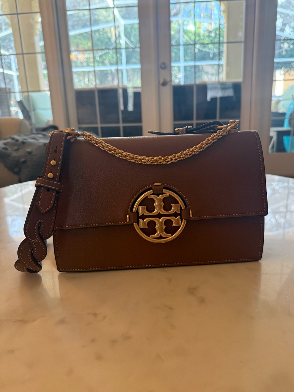 Tory Burch Brown Leather Shoulder Bag with braided strap and gold chain